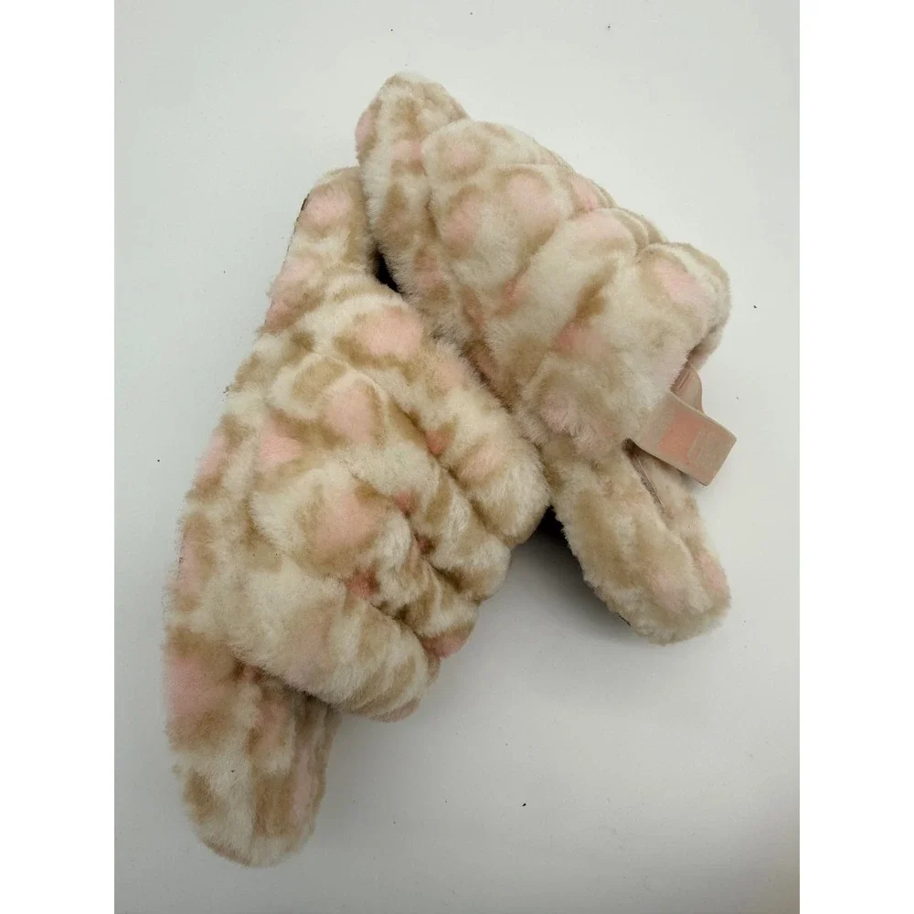 UGG Kids Fluff Yeah Leopard Tan Pink‎ Sheepskin Slide Sandals Size 5Y